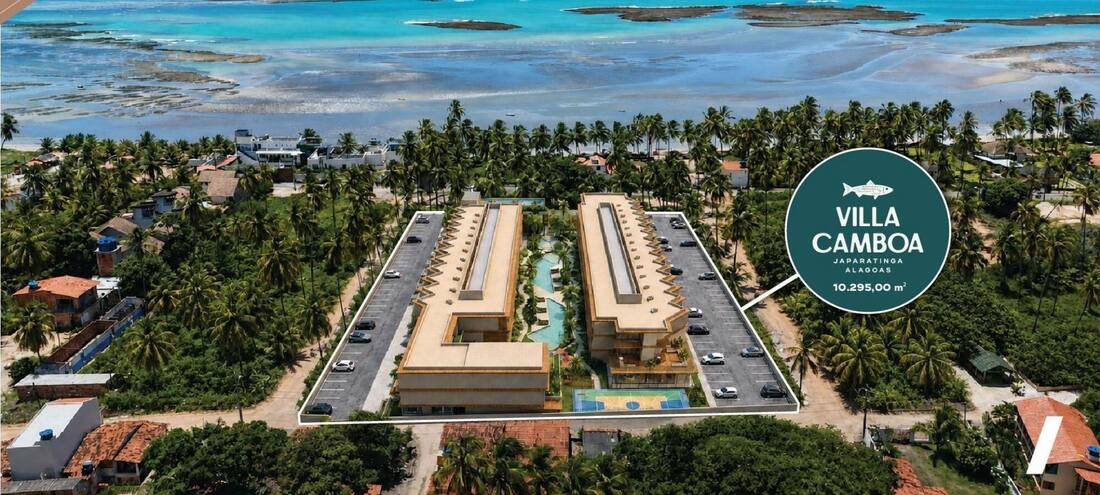 Vista aérea do Villa Camboa, de frente para a Praia de Bitingui, em Japaratinga, Alagoas
